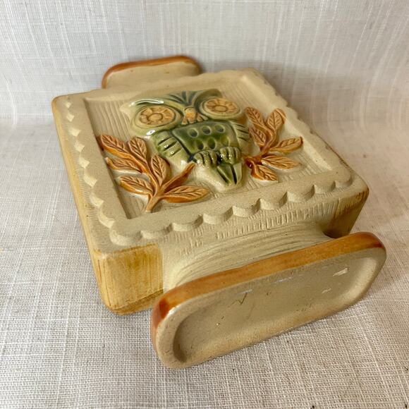 Vintage 70s Square Boho Owl Vase Green Cream Tan Glaze 7 Inches Tall Bohemian - Picture 9 of 9